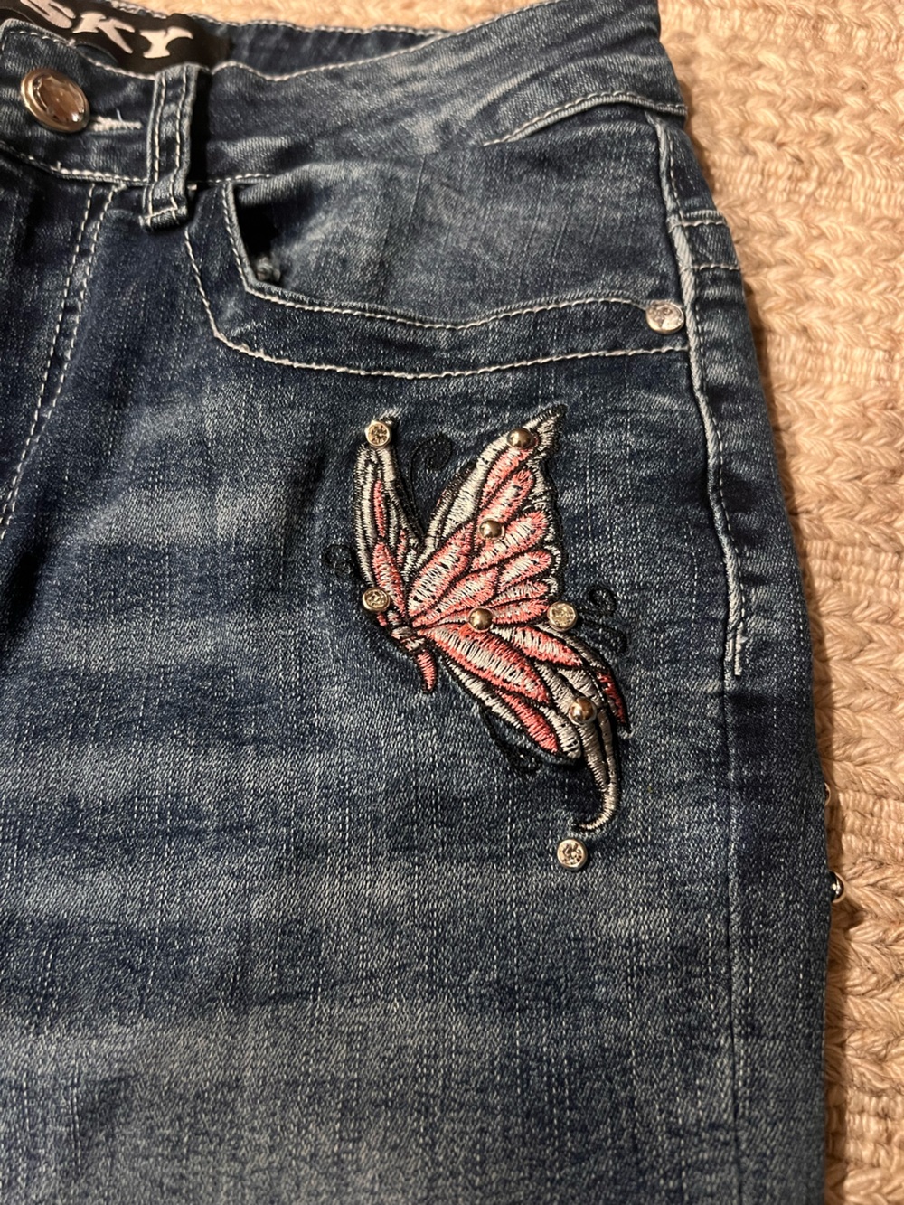 SKY Women's Dark Wash Skinny Jeans with Pink Butterfly Embroidery - Picture 4 of 7